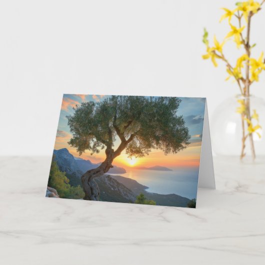 オリーブ地中海のの木で海に沈む夕日 カード (黄色い花)
