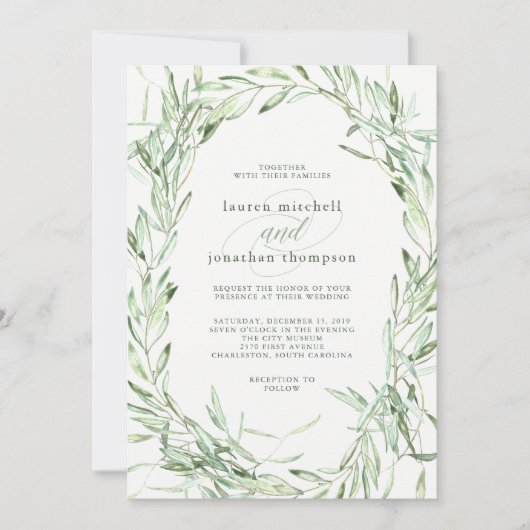 オリーブ地中海のの枝 | 水の色結婚の 招待状 (正面)