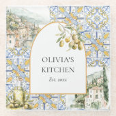 オリーブ地中海のイエローブルーのタイルパターン ガラスコースター (正面)