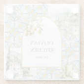 オリーブ地中海のイエローブルーのタイルパターン ガラスコースター (裏面)