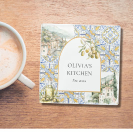 オリーブ地中海のイエローブルーのタイルパターン ガラスコースター