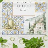 オリーブ地中海のイエローブルーのタイルパターン キッチンタオル (折り畳み)