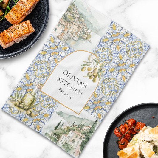 オリーブ地中海のイエローブルーのタイルパターン キッチンタオル