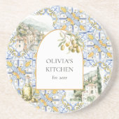 オリーブ地中海のイエローブルーのタイルパターン コースター (正面)