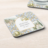 オリーブ地中海のイエローブルーのタイルパターン コースター (左側)