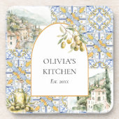 オリーブ地中海のイエローブルーのタイルパターン コースター (正面)