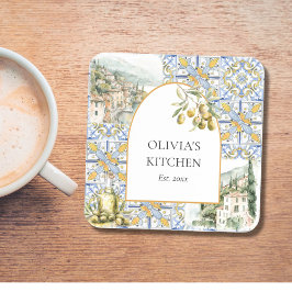 オリーブ地中海のイエローブルーのタイルパターン コースター