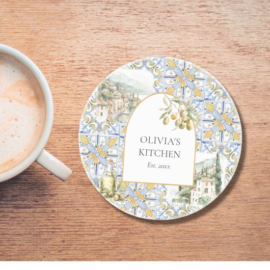 オリーブ地中海のイエローブルーのタイルパターン コースター