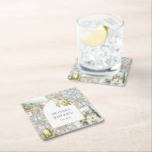 オリーブ地中海のイエローブルーのタイルパターン スクエアペーパーコースター (インサイチュ)