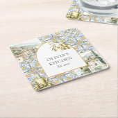 オリーブ地中海のイエローブルーのタイルパターン スクエアペーパーコースター (アングル)