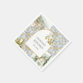オリーブ地中海のイエローブルーのタイルパターン スタンダードカクテルナプキン (角)