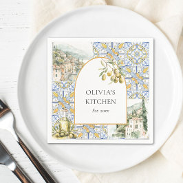 オリーブ地中海のイエローブルーのタイルパターン スタンダードカクテルナプキン