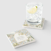 オリーブ地中海のイエローブルーのタイルパターン ストーンコースター (横)