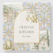 オリーブ地中海のイエローブルーのタイルパターン ストーンコースター (正面)