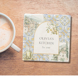 オリーブ地中海のイエローブルーのタイルパターン ストーンコースター