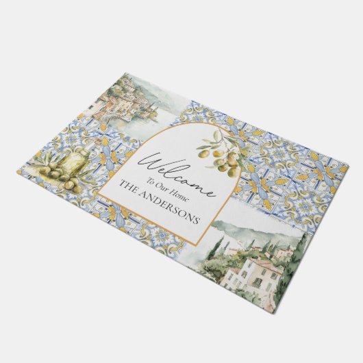 オリーブ地中海のイエローブルーのタイルパターン ドアマット (アングル)