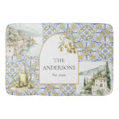 オリーブ地中海のイエローブルーのタイルパターン バスマット (正面)