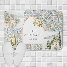 オリーブ地中海のイエローブルーのタイルパターン バスマット