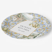 オリーブ地中海のイエローブルーのタイルパターン ペーパープレート (アングル)