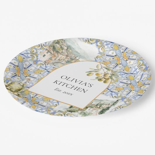 オリーブ地中海のイエローブルーのタイルパターン ペーパープレート (アングル)