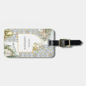 オリーブ地中海のイエローブルーのタイルパターン ラゲッジタグ (正面横)