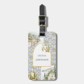 オリーブ地中海のイエローブルーのタイルパターン ラゲッジタグ (正面縦)