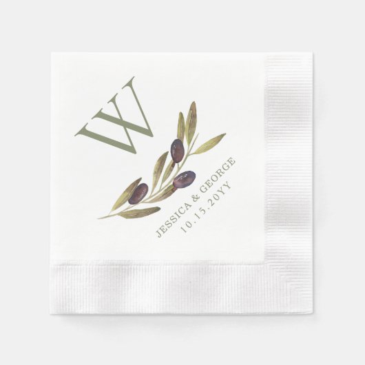 オリーブ地中海のブランチカスタムモノグラム 縁ありカクテルナプキン (正面)