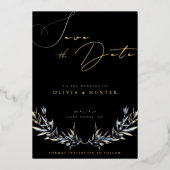 オリーブ枝の結婚式の日付を保存ブラックと金ゴールド 箔招待状 (正面)
