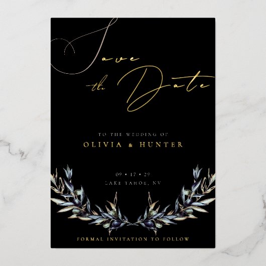 オリーブ枝の結婚式の日付を保存ブラックと金ゴールド 箔招待状 (正面)