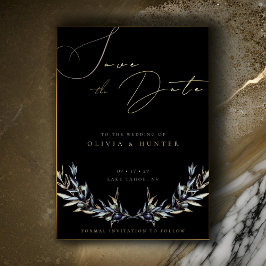 オリーブ枝の結婚式の日付を保存ブラックと金ゴールド 箔招待状