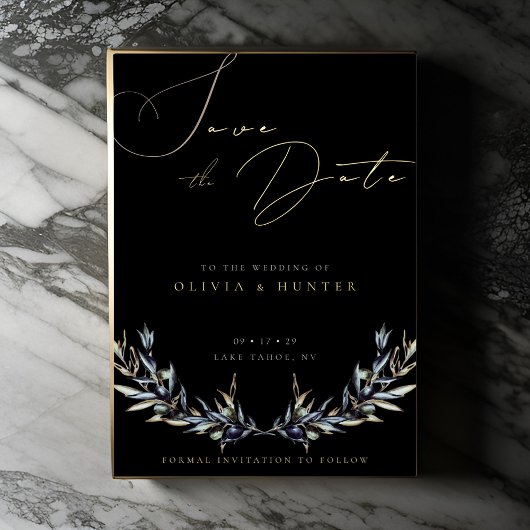 オリーブ枝の結婚式の日付を保存ブラックと金ゴールド 箔招待状