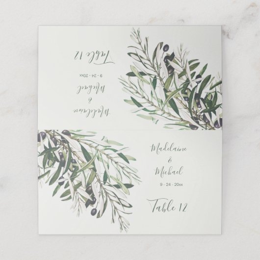 オリーブ枝エレガントな結婚式台番号 プレイスカード (外部開封)