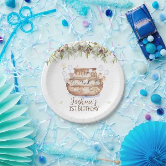 オリーブ枝ノアの箱舟ボーイズ1歳の誕生日 ペーパープレート (パーティー)
