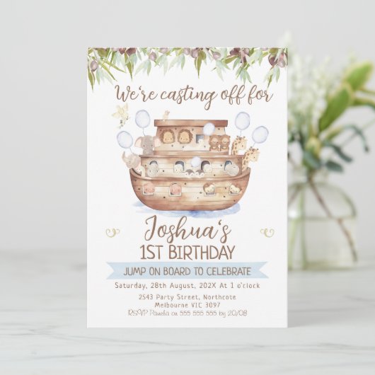 オリーブ枝ノアの箱舟ボーイズ1歳の誕生日 招待状 (スタンド正面)