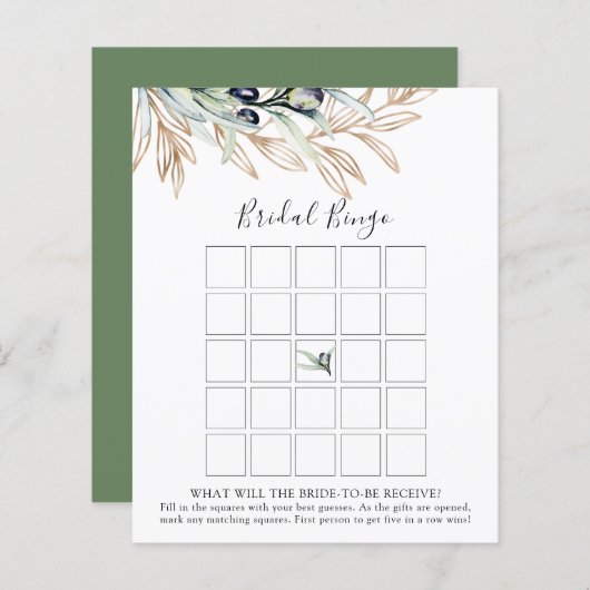オリーブ枝ブライダルシャワービンゴゲームカード (正面/裏面)