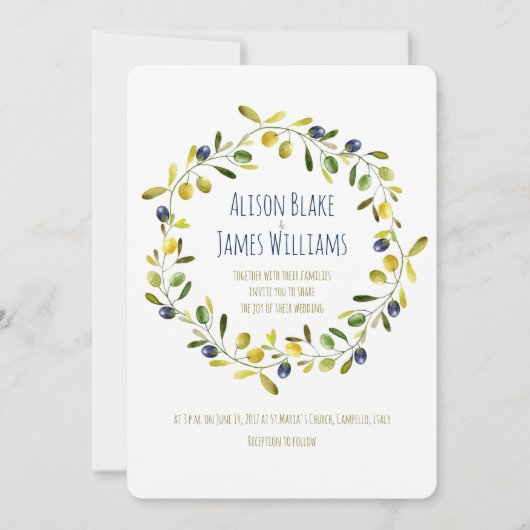 オリーブ枝水カラー結婚式招待状カード 招待状 (正面)