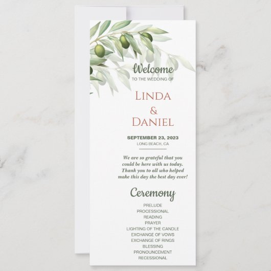 オリーブ枝水彩素朴結婚式 プログラム (正面)