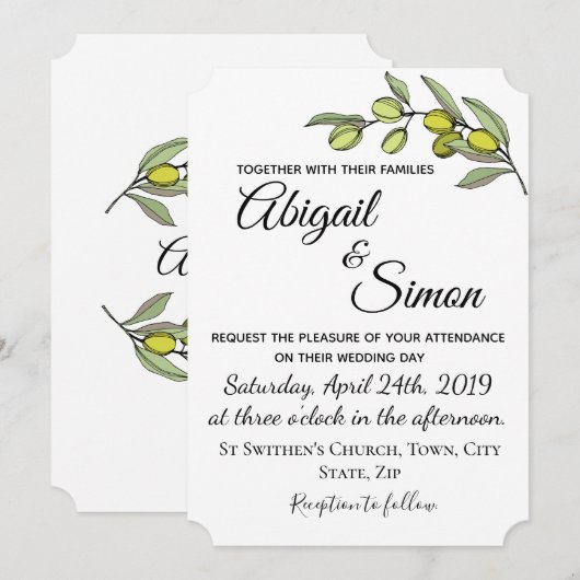 オリーブ枝。結婚式招待状。 招待状 (正面/裏面)