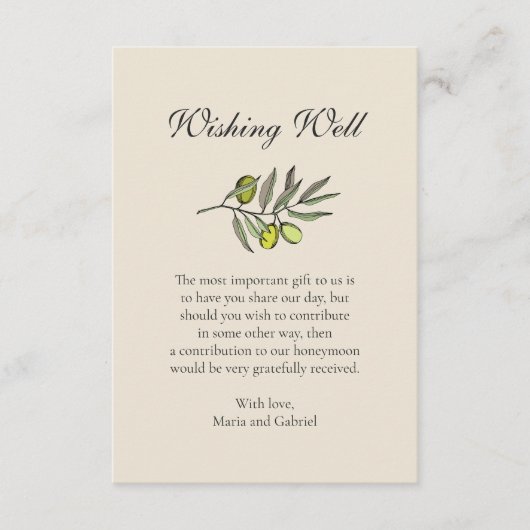 オリーブ植物願い。トスカーナスタイル結婚ズ エンクロージャーカード (正面)