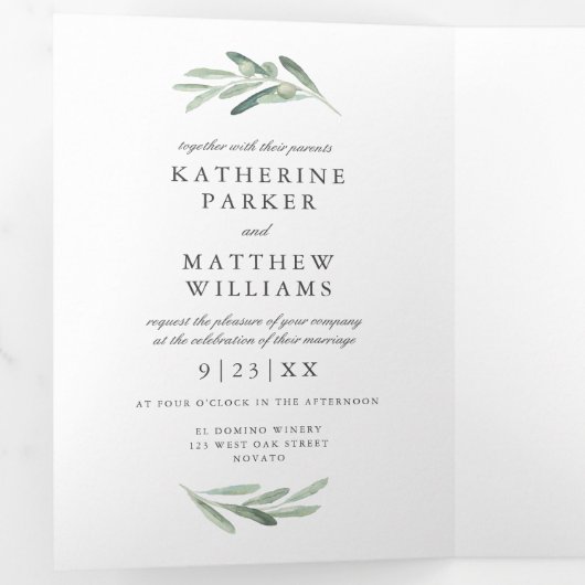 オリーブ水の色とフェイクバラ金ゴールド結婚の写真 三つ折り招待状 (内部最初)