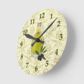 オリーブ油ボトルとダマスクパターン ラウンド壁時計 (傾斜)