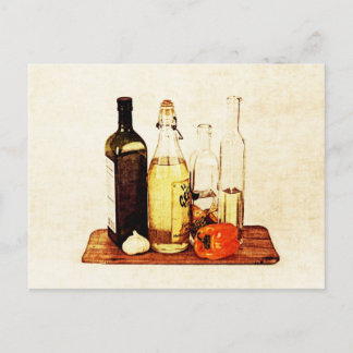 オリーブ油ボトルと野菜 ポストカード