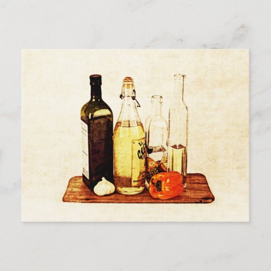 オリーブ油ボトルと野菜 ポストカード (正面)