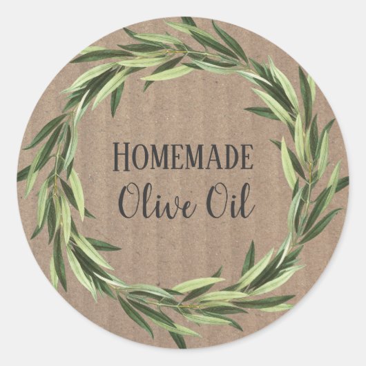 オリーブ油素朴ボトル水彩リースラベル ラウンドシール (正面)