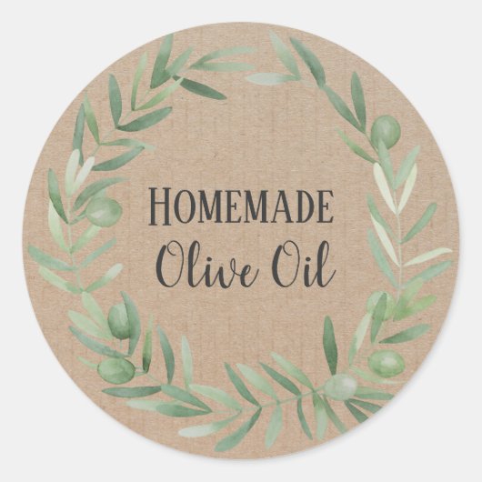 オリーブ油素朴ボトル水彩リースラベル ラウンドシール (正面)
