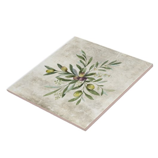 オリーブ素朴と枝のフローラの花 タイル (側面)