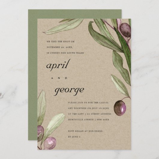 オリーブ素朴クラフト葉の結び目の招待状 サンキューカード (正面/裏面)