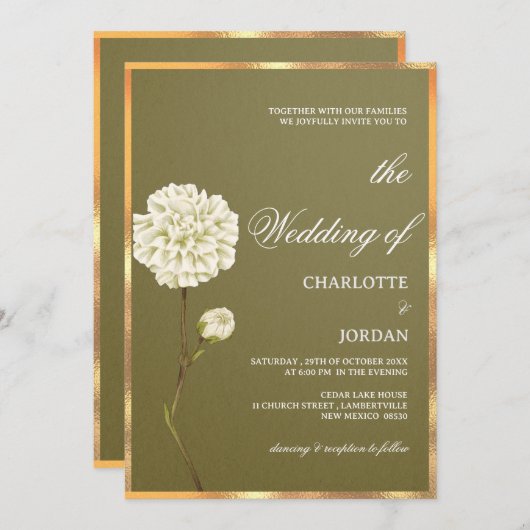 オリーブ素朴グリーンとホワイトフローラ結婚ズ 招待状 (正面/裏面)