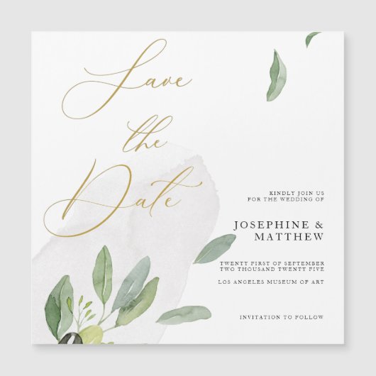 オリーブ素朴ブランチシック書道の日付を保存 マグネット招待状 (正面)