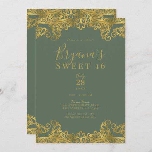 オリーブ素朴&金ゴールドレースエレガントスウィート16パーティー 招待状 (正面/裏面)